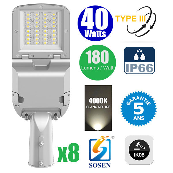 Pack de 8x Lampadaires LED Filaires Rotatifs - Série FLEX EVO - 40 Watts - 7200 Lumens - 180 Lumens/Watt - Angle TPIII - IP66 - IK08 - 49 x 17 x 10 cm - 4000k - Transformateur SOSEN - Tube d'insertion 60mm - Garantie 5 ans