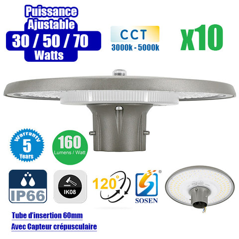 Pack de 10x Lampes de jardin et parking filaires - Série GARDIENNA - CCT - Puissance Ajustable 30 / 50 / 70 Watts - Jusqu'à 10 800 Lumens - IP66 - IK08 - Angle 120° - Tube d'insertion 60mm - Couleur GRIS - Avec CAPTEUR CREPUSCULAIRE - Garantie 5 ans