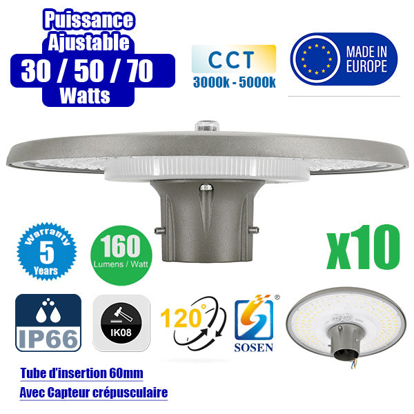 Pack de 10x Lampes de jardin et parking filaires - Série GARDIENNA - CCT - Puissance Ajustable 30 / 50 / 70 Watts - Jusqu'à 10 800 Lumens - IP66 - IK08 - Angle 120° - Tube d'insertion 60mm - Couleur GRIS - Avec CAPTEUR CREPUSCULAIRE - Garantie 5 ans