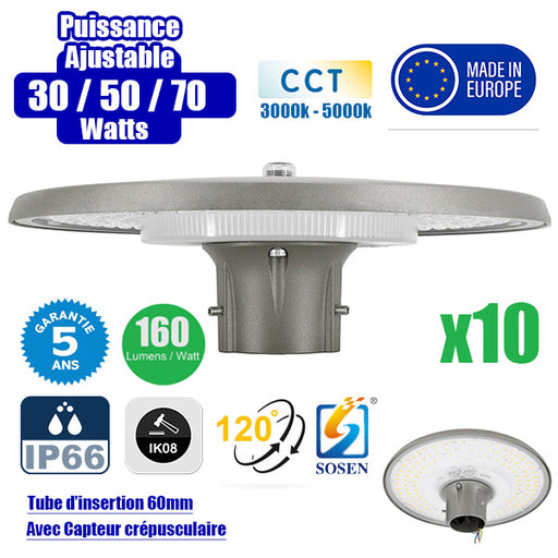 Pack de 10x Lampes de jardin et parking filaires - Série GARDIENNA - CCT - Puissance Ajustable 30 / 50 / 70 Watts - Jusqu'à 10 800 Lumens - IP66 - IK08 - Angle 120° - Tube d'insertion 60mm - Couleur GRIS - Avec CAPTEUR CREPUSCULAIRE - Garantie 5 ans