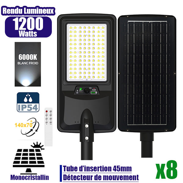 Pack de 8x Lampes de rue LED solaires - Série VIEW V2 EVO - 1200 Watts - 3600 Lumens - 6000k - Angle 140*70° - IP54 - 64 x 26 x 7 cm - Panneau Monocristallin - Batterie 20Ah - Détecteur de mouvement - Télécommande - Tube d'insertion 45mm