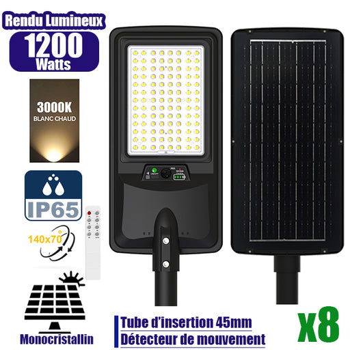 Pack de 8x Lampes de rue LED solaires - Série VIEW V2 EVO - 1200 Watts - 3600 Lumens - 3000k - Angle 140*70° - IP65 - 64 x 26 x 7 cm - Panneau Monocristallin - Batterie 20Ah - Détecteur de mouvement - Télécommande - Tube d'insertion 45mm