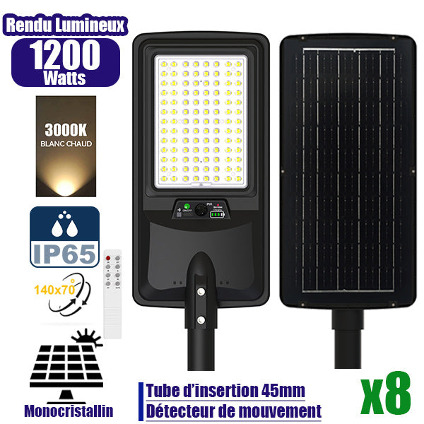 Pack de 8x Lampes de rue LED solaires - Série VIEW V2 EVO - 1200 Watts - 3600 Lumens - 3000k - Angle 140*70° - IP65 - 64 x 26 x 7 cm - Panneau Monocristallin - Batterie 20Ah - Détecteur de mouvement - Télécommande - Tube d'insertion 45mm