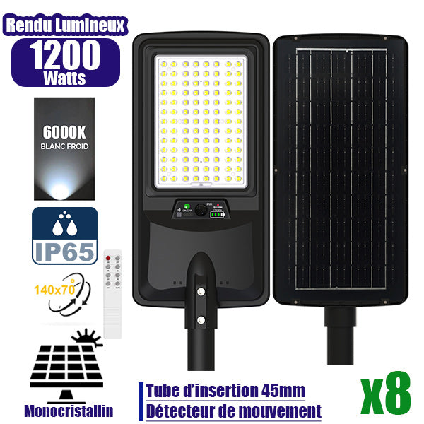 Pack de 8x Lampes de rue LED solaires - Série VIEW V2 EVO - 1200 Watts - 3600 Lumens - 6000k - Angle 140*70° - IP65 - 64 x 26 x 7 cm - Panneau Monocristallin - Batterie 20Ah - Détecteur de mouvement - Télécommande - Tube d'insertion 45mm