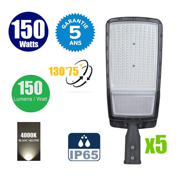 DERNIER DU STOCK : 5x Lampes de rue filaires - Série FLEX V3 - 150 Watts - 22 500 Lumens - 150 Lumens/Watt - Angle 130° x 75° - IP65 - 49 x 25 x 8cm - Tube d'insertion 60mm - 4000k - Garantie 5 ans