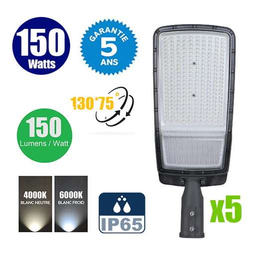 Pack de 5x Lampes de rue filaires - Série FLEX V3 - 150 Watts - 22 500 Lumens - 150 Lumens/Watt - Angle 130° x 75° - IP65 - 49 x 25 x 8cm - Tube d'insertion 60mm - Garantie 5 ans