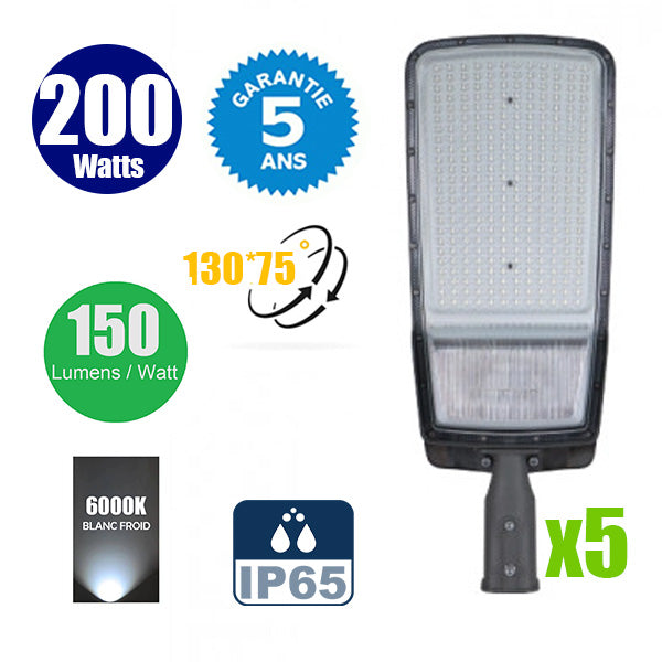 Pack de 5x Lampes de rue filaires - Série FLEX V3 - 200 Watts - 30 000 Lumens - 150 Lumens/Watt - Angle 130° x 75° - IP65 - 57 x 28x 8cm - Tube d'insertion 60mm - Garantie 5 ans