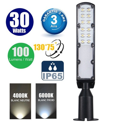 Lampe de rue filaire - Série FLEX ECO V2 - 30 Watts - 3000 Lumens - 100 Lumens/Watt - Angle 130° x 75° - IP65 - 42 x 11 x 8 cm - Tube d'insertion 60mm - Support ajustable - Garantie 3 ans