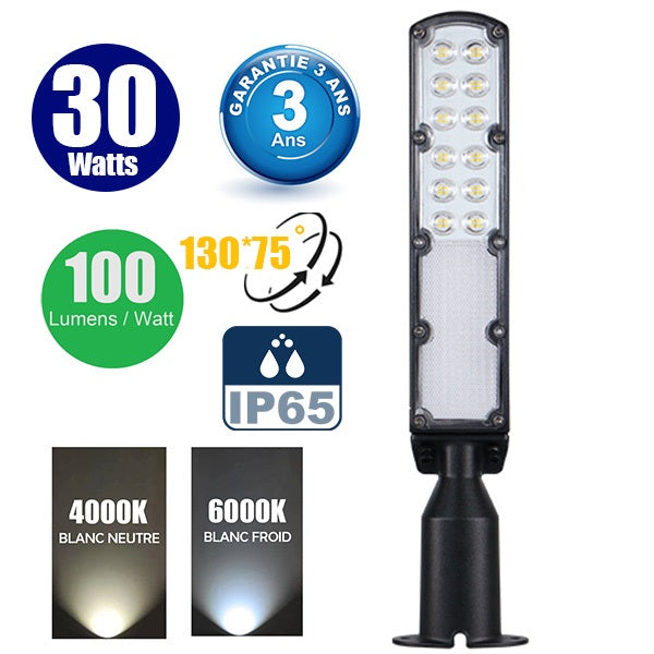 Lampe de rue filaire - Série FLEX ECO V2 - 30 Watts - 3000 Lumens - 100 Lumens/Watt - Angle 130° x 75° - IP65 - 42 x 11 x 8 cm - Tube d'insertion 60mm - Support ajustable - Garantie 3 ans