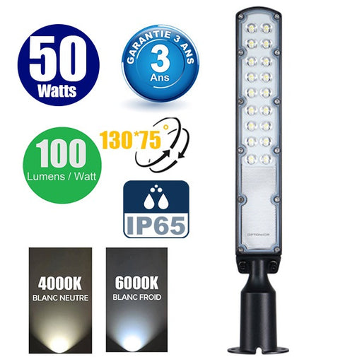 Lampe de rue filaire - Série FLEX ECO V2 - 50 Watts - 5000 Lumens - 100 Lumens/Watt - Angle 130° x 75° - IP65 - 51 x 11 x 8 cm - Tube d'insertion 60mm - Support ajustable - Garantie 3 ans