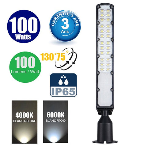 Lampe de rue filaire - Série FLEX ECO V2 - 100 Watts - 10 000 Lumens - 100 Lumens/Watt - Angle 130° x 75° - IP65 - 60 x 11 x 8 cm - Tube d'insertion 60mm - Support ajustable - 4000K / 6000K au choix - Garantie 3 ans