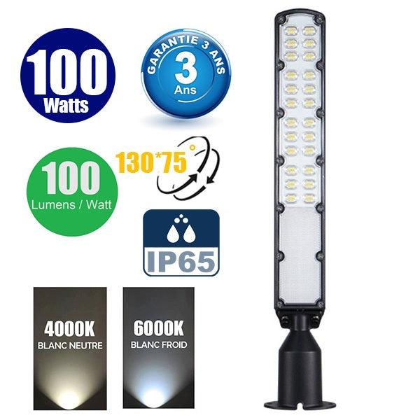 Lampe de rue filaire - Série FLEX ECO V2 - 100 Watts - 10 000 Lumens - 100 Lumens/Watt - Angle 130° x 75° - IP65 - 60 x 11 x 8 cm - Tube d'insertion 60mm - Support ajustable - 4000K / 6000K au choix - Garantie 3 ans