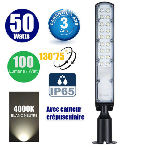 Lampe de rue filaire - Série FLEX ECO V2 - 50 Watts - 5000 Lumens - 100 Lumens/Watt - Angle 130° x 75° - IP65 - 51 x 11 x 8 cm - Tube d'insertion 60mm - Support ajustable - Avec capteur crépusculaire - Garantie 3 ans