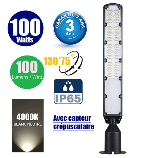 Lampe de rue filaire - Série FLEX ECO V2 - 100 Watts - 10 000 Lumens - 100 Lumens/Watt - Angle 130° x 75° - IP65 - 60 x 11 x 8 cm - Tube d'insertion 60mm - Support ajustable - Avec capteur crépusculaire - Garantie 3 ans