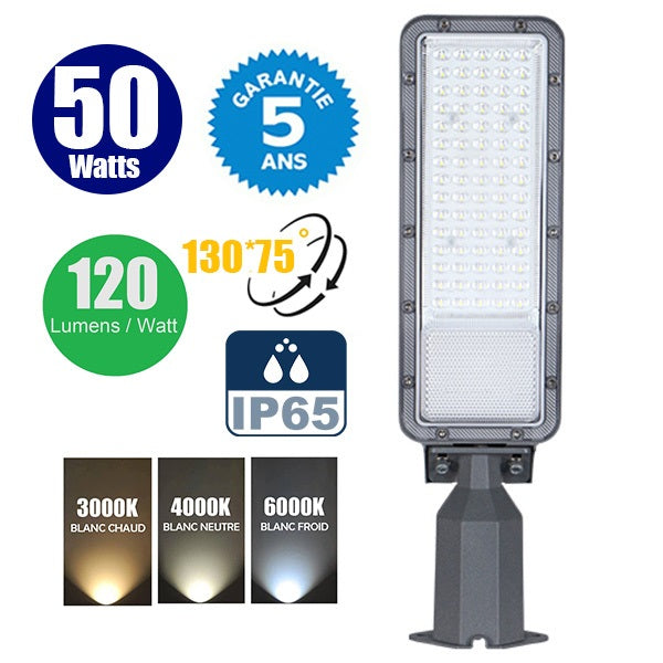 Lampe de rue filaire - Série FLEX ECO BASIC - 50 Watts - 6000 Lumens - 120 Lumens/Watt - Angle 130° x 75° - IP65 - 46 x 12 x 8cm - Tube d'insertion 60mm - Support ajustable - 3000K / 4000K / 6000K au choix - Garantie 5 ans