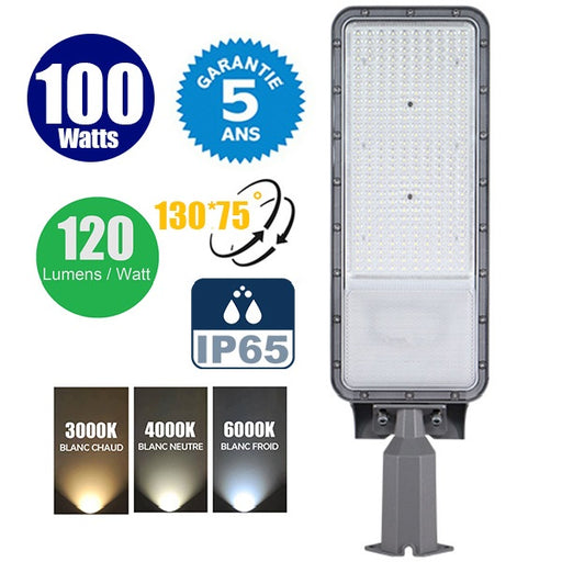 Lampe de rue filaire - Série FLEX ECO BASIC - 100 Watts - 12 000 Lumens - 120 Lumens/Watt - Angle 130° x 75° - IP65 - 53 x 14 x 8 cm - Tube d'insertion 60mm - Support ajustable - 3000K / 4000K / 6000K au choix - Garantie 5 ans