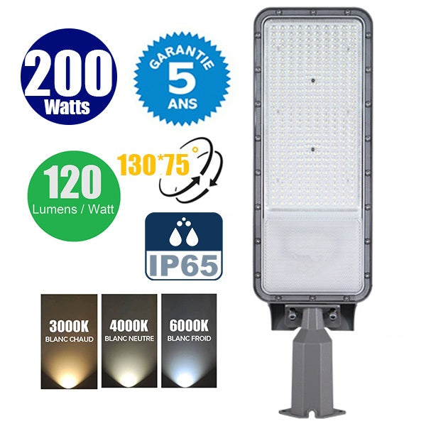 Lampe de rue filaire - Série FLEX ECO BASIC - 200 Watts - 24 000 Lumens - 120 Lumens/Watt - Angle 130° x 75° - IP65 - 65 x 19 x 8 cm - Tube d'insertion 60mm - Support ajustable  - 3000K / 4000K / 6000K au choix - Garantie 5 ans