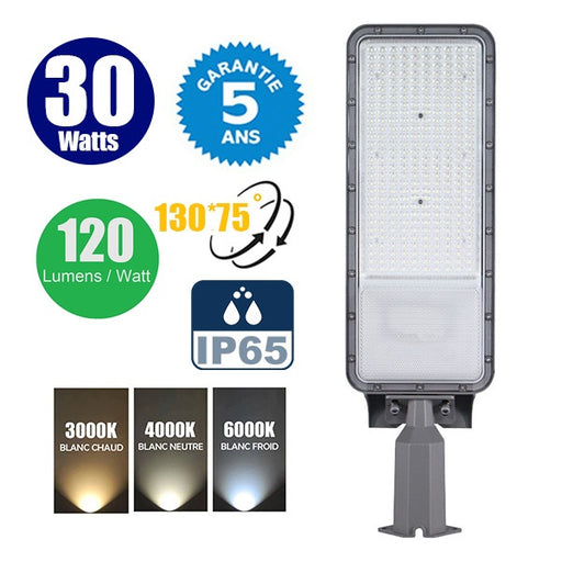 Lampe de rue filaire - Série FLEX ECO BASIC - 30 Watts - 3600 Lumens - 120 Lumens/Watt - Angle 130° x 75° - IP65 - 40 x 15 x 8cm - Tube d'insertion 60mm - Support ajustable - 3000K / 4000K / 6000K au choix -Garantie 5 ans