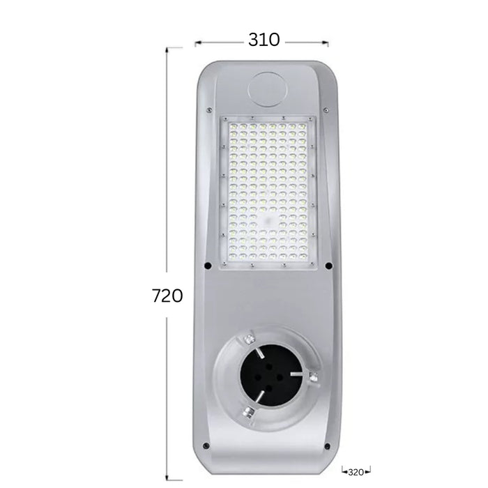 Lampe de rue solaire - Série OPIUM - 5 100 Lumens - 30 Watts - Couleur 6500K - Angle 150x70°- IP65 - Structure Aluminium - 720 x 310 x 320 mm - Tube d'insertion 76mm -Régulateur MPPT - Garantie 3 ans
