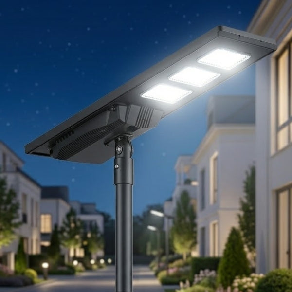 Lampe de rue solaire - Série STARSHIP ULTRA V2 - 12 800 Lumens - 80 Watts - Couleur 6500K - Angle 150x70° - IP65 - Structure Aluminium - 1440 x 400 x 102 mm - Tube d'insertion 76mm - Régulateur MPPT - Garantie 2 ans