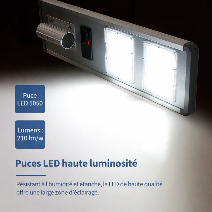 Lampe de rue solaire - Série VIBRATION - 2310 Lumens - 200 Watts - Structure Aluminium + ABS - Dimensions 820 x 255 mm - Panneau solaire 28W MONOCRISTALLIN - Autonomie 12 heures
