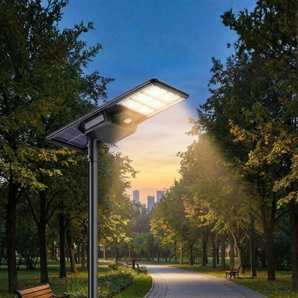 Lampe de rue solaire - Série STARSHIP ELITE - 16 000 Lumens - Angle 150x70° - IP65 - 157 x 45 x 9 cm - 3000k/4000k/6000k au choix - Structure ALUMINIUM - Tube d'insertion 76mm - Régulateur MPPT - Détecteur de mouvement - Télécommande - Garantie 3 ans