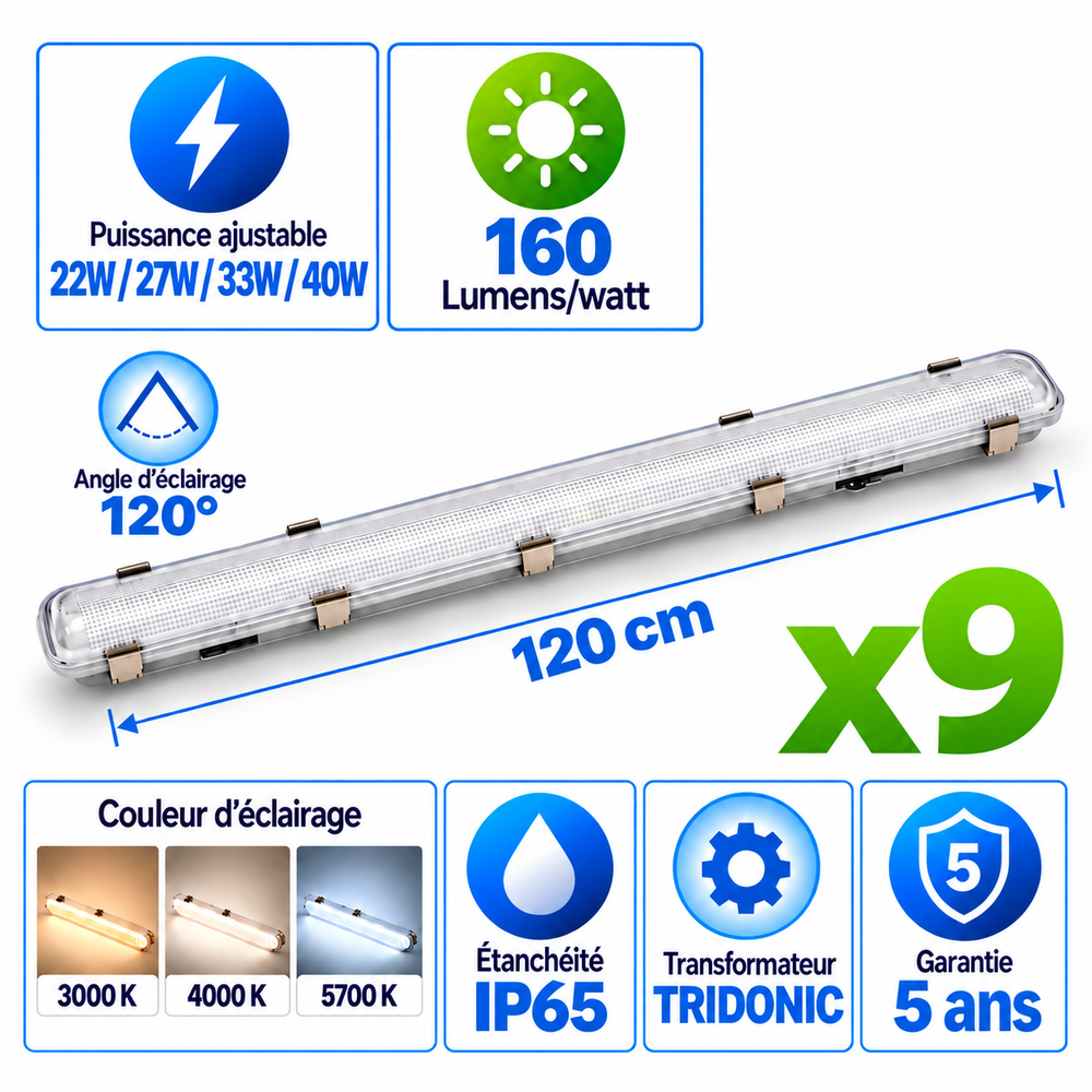 Pack de 9x Réglettes LED Étanches - Série YGOR - 120CM - Puissance Ajustable 22W à 40W - CCT - Jusqu'à 6400 Lumens - 160 Lumens/Watt - Angle 120° - IP65 - 1180 x 85 x 71 mm - Transformateur TRIDONIC - 3000K / 4000K / 5700K - Garantie 5 ans