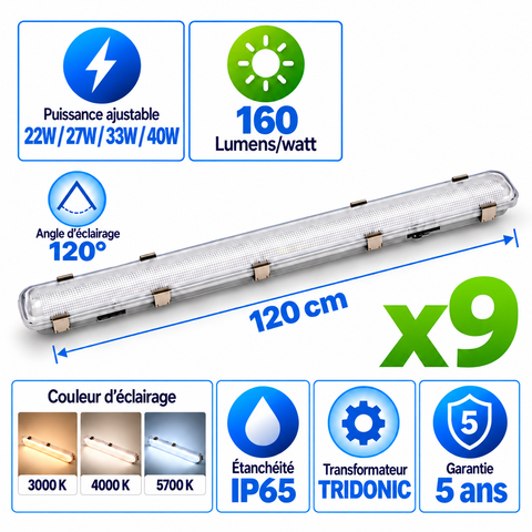 Pack de 9x Réglettes LED Étanches - Série YGOR - 120CM - Puissance Ajustable 22W à 40W - CCT - Jusqu'à 6400 Lumens - 160 Lumens/Watt - Angle 120° - IP65 - 1180 x 85 x 71 mm - Transformateur TRIDONIC - 3000K / 4000K / 5700K - Garantie 5 ans
