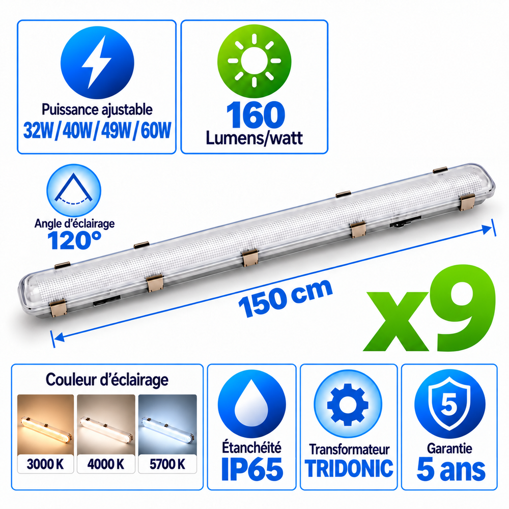 Pack de 9x Réglettes LED Étanches - Série YGOR - 150CM - Puissance Ajustable 32W à 60W - CCT - Jusqu'à 9600 Lumens - 160 Lumens/Watt - Angle 120° - IP65 - 1480 x 85 x 71 mm - Transformateur TRIDONIC - 3000K / 4000K / 5700K - Garantie 5 ans
