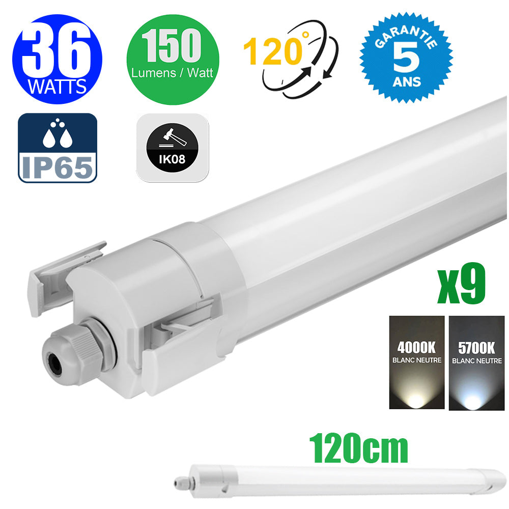 Pack de 9x Réglettes LED étanches - Série INJECTION - NON CONNECTABLES - 120cm - 36 Watts - 5400 Lumens - 150 Lumens/Watt - Angle 120° - IP65 - 120 x 6 x 6 cm - Protection à l'impact IK08 - 4000K/5700K au choix - Garantie 5 ans