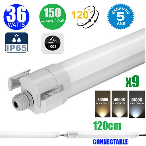 Pack de 9x Réglettes LED étanches - Série INJECTION - CONNECTABLES - 120cm - 36 Watts - 5400 Lumens - 150 Lumens/Watt - Angle 120° - IP65 - 120 x 6 x 6 cm - Protection à l'impact IK08 - 3000K/4000K/5700K au choix - Garantie 5 ans