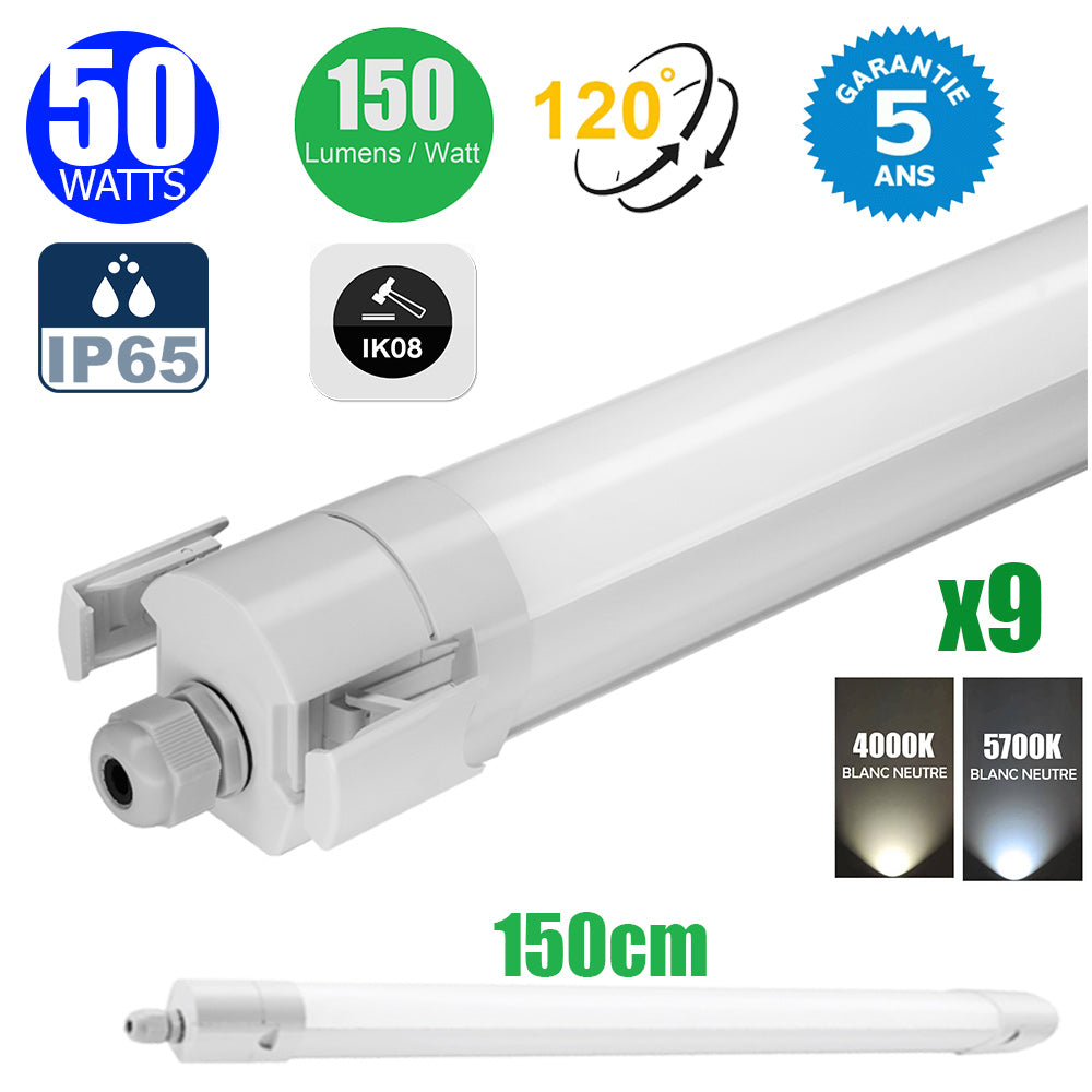 Pack de 9x Réglettes LED étanches - Série INJECTION - Non connectables - 50 Watts - 7500 Lumens - 150 Lumens/Watt - Angle 120° - 150 cm - IP65 - 1500 x 59 x 60 mm - 4000K/5700K - Garantie 5 ans
