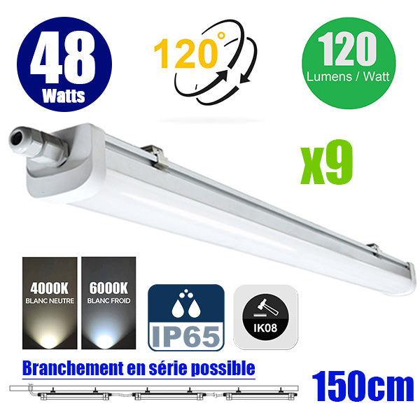 Pack de 9x Réglettes LED TRI-PROOF connectables - Série EASY LINK V2 - 48 Watts - 5760 Lumens - 120 Lumens/watt - IP65 - Angle 120° - Protection à l'impact IK08 - 154 x 6 x 5 cm - 4000k / 6000k au choix