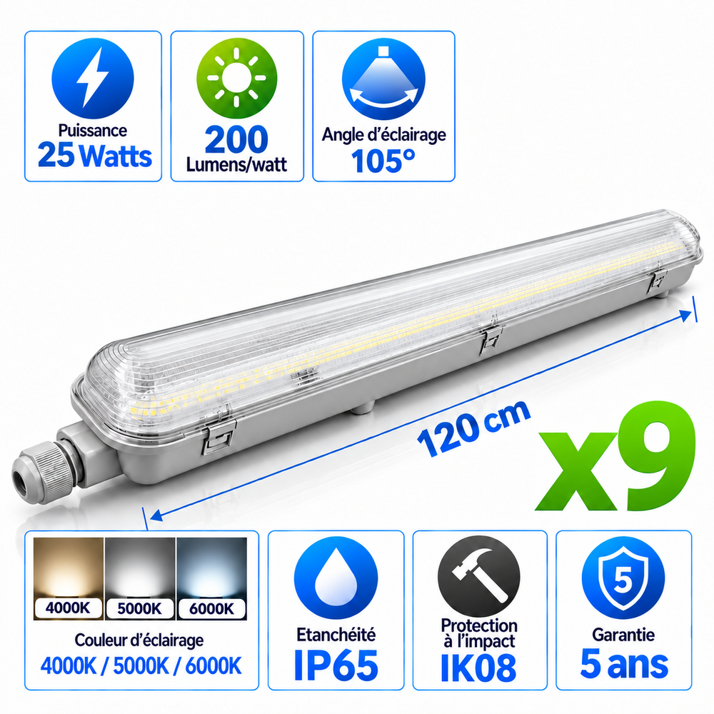 Pack de 9x Réglettes LED Étanches HAUT RENDEMENT - Série PRO200 - 120CM - Connectables - 25 Watts - 5000 Lumens - 200 Lumens/Watt - 120cm - IP65 - Angle 105° - 1200 x 68 x 65 mm - 4000K/5000K/6000K - Garantie 5 ans