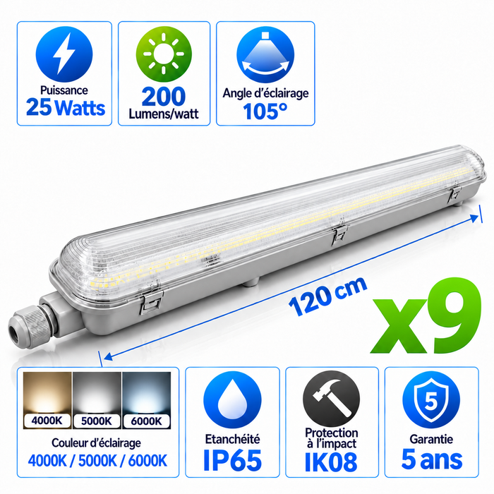 Pack de 9x Réglettes LED Étanches HAUT RENDEMENT - Série PRO200 - 120CM - Connectables - 25 Watts - 5000 Lumens - 200 Lumens/Watt - 120cm - IP65 - Angle 105° - 1200 x 68 x 65 mm - 4000K/5000K/6000K - Garantie 5 ans