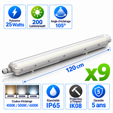 Pack de 9x Réglettes LED Étanches HAUT RENDEMENT - Série PRO200 - 120CM - Connectables - 25 Watts - 5000 Lumens - 200 Lumens/Watt - 120cm - IP65 - Angle 105° - 1200 x 68 x 65 mm - 4000K/5000K/6000K - Garantie 5 ans