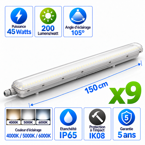 Pack de 9x Réglettes LED Étanches HAUT RENDEMENT - Série PRO200 - 150CM - Connectables - 45 Watts - 9000 Lumens - 200 Lumens/Watt - 150cm - IP65 - Angle 105° - 1500 x 68 x 65 mm - 4000K/5000K/6000K - Garantie 5 ans