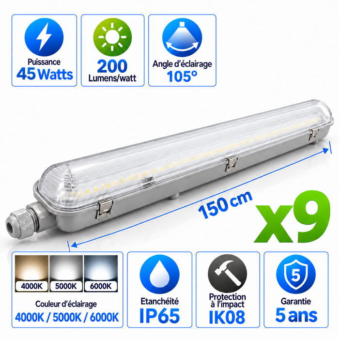 Pack de 9x Réglettes LED Étanches HAUT RENDEMENT - Série PRO200 - 150CM - Connectables - 45 Watts - 9000 Lumens - 200 Lumens/Watt - 150cm - IP65 - Angle 105° - 1500 x 68 x 65 mm - 4000K/5000K/6000K - Garantie 5 ans