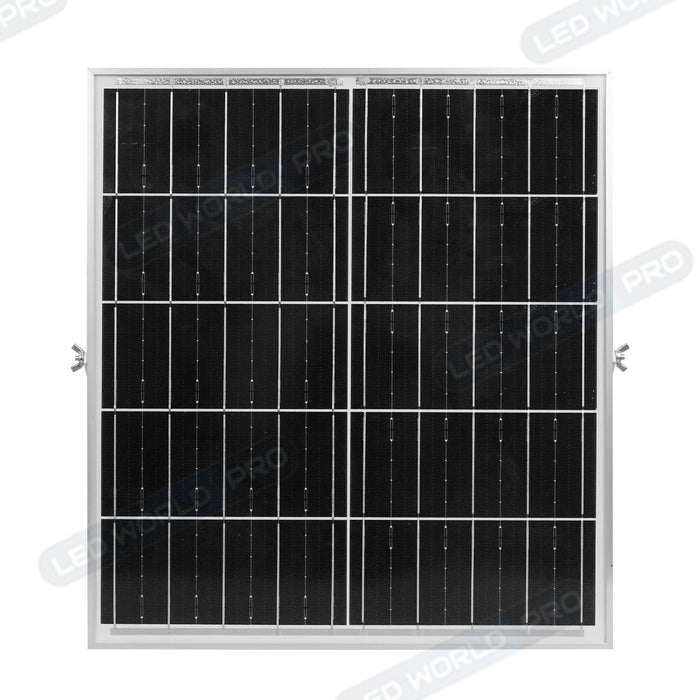 Projecteur LED solaire - Série SECURITY V4 - CCT (3000k/4000k/6000k) - Rendu lumineux 450 Watts - 4800 Lumens - Angle 90° - IP65 - Lampe 28 x 22 x 5 cm - Panneau MONOCRISTALLIN FULL BLACK 35 x 35 x 2 cm - Avec détecteur de mouvement - Avec télécommande