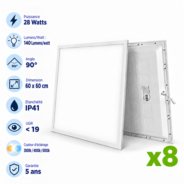 Pack de 8x Dalles LED - Ultra Haute Performance - BACKLIT - 60 x 60 cm - Série AMBITION L140 – 28 Watts - 3920 Lumens - 140 Lumens/Watt - Angle 90°- IP41 - UGR< 19 - 3000K/4000k/6000k - Garantie 5