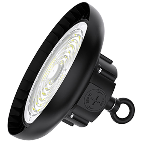 Lampe industrielle UFO - Série CROSSOVER V3 - Puissance ajustable 120 / 150 / 200 Watts  - 40 000 Lumens - 200 Lumens/Watt - Angle 90° - IP65 - IK09 - 340 x 110 mm - 4000k / 5000k / 6000k au choix - Dimmable 1-10V - Transformateur PHILIPS - Garantie 5 ans