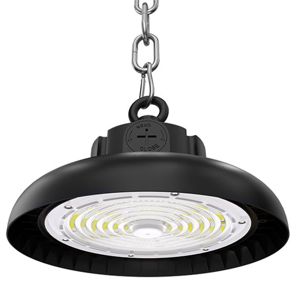 Lampe industrielle UFO - Série CROSSOVER V3 - Puissance ajustable 120 / 150 / 200 Watts  - 40 000 Lumens - 200 Lumens/Watt - Angle 90° - IP65 - IK09 - 340 x 110 mm - 4000k / 5000k / 6000k au choix - Dimmable 1-10V - Transformateur PHILIPS - Garantie 5 ans