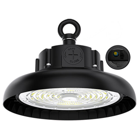 Lampe industrielle UFO - Série CROSSOVER V3 - Puissance ajustable 70 / 100 Watts - 20 000 Lumens - 200 Lumens/Watt - Angle 90° - IP65 - IK09 - 255 x 110 mm - 4000k / 5000k / 6000k au choix - Dimmable 1-10V - Garantie 5 ans