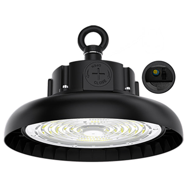 Lampe industrielle UFO - Série CROSSOVER V3 - Puissance ajustable 120 / 150 / 200 Watts  - 40 000 Lumens - 200 Lumens/Watt - Angle 90° - IP65 - IK09 - 340 x 110 mm - 4000k / 5000k / 6000k au choix - Dimmable 1-10V - Transformateur PHILIPS - Garantie 5 ans