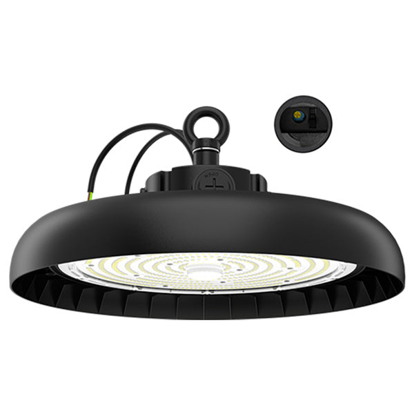 Lampe industrielle UFO - Série CROSSOVER V3 - Puissance ajustable 120 / 150 / 200 Watts  - 40 000 Lumens - 200 Lumens/Watt - Angle 90° - IP65 - IK09 - 340 x 110 mm - 4000k / 5000k / 6000k au choix - Dimmable 1-10V - Transformateur PHILIPS - Garantie 5 ans