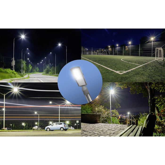 Lampe de rue filaire - Série STAR200 - 50 Watts - 10 000 Lumens - 200 Lumens/Watt - Angle 140° x 70° - IP66 - 5000K - 44 x 11 x 6 cm - Tube d'insertion 60mm - Lentilles en PMMA - Support ajustable - Structure en ALUMINIUM - Garantie 5 ans