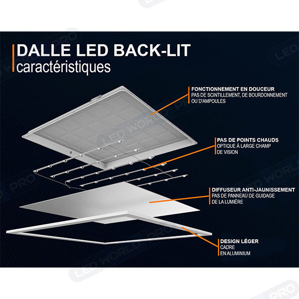 Pack de 10x Dalles LED Dernière génération - BACKLIT - 60 x 60 cm - Série AMBITION EVO - CCT (Couleur Changeante en Température) – Puissance ajustable 20 à 24 Watts - Jusqu'à 4320 Lumens - 180 Lumens/Watt - Transformateur inclus - UGR <19 - Garantie 3 ans