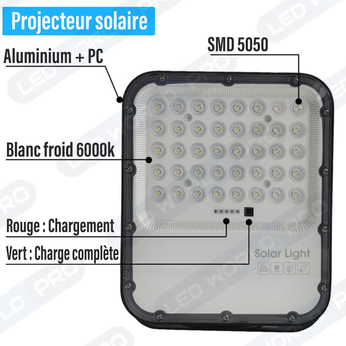 Pack lampadaire solaire complet 3 mètres : Projecteur LED solaire - Série BIG BOY V3 - 700 Watts - 4200 Lumens - 6000k + Mât STANDARD 3 mètres + Tête de mât rectangulaire