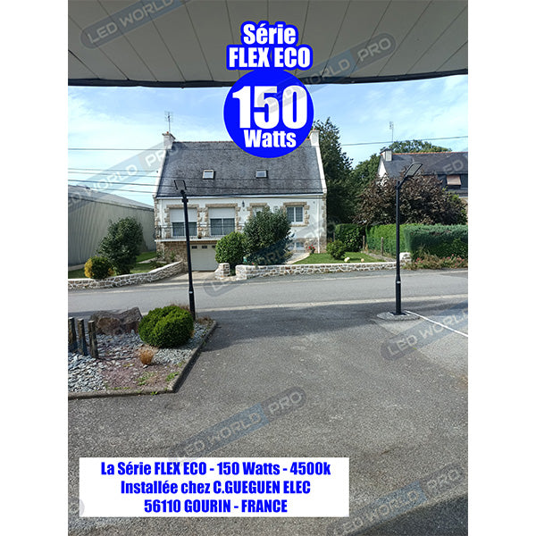 Pack lampadaire filaire complet quadruple tête 4 mètres : 4x Lampes filaires - Série FLEX ECO - 50 Watts - 3000k + Mât STANDARD 4 mètres avec trappe au choix (STANDARD V2 EVO ou STANDARD V4 EVO) + Quadruple tête de mât + 4x Adaptateurs 60/50 ajustable