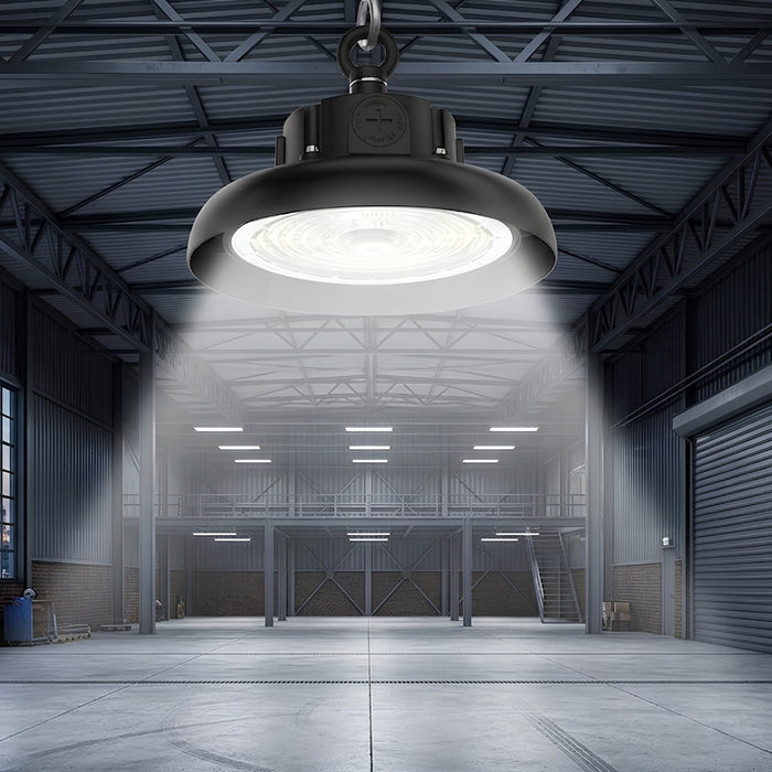 Lampe industrielle UFO - Série CROSSOVER V3 - Puissance ajustable 70 / 100 Watts - 20 000 Lumens - 200 Lumens/Watt - Angle 90° - IP65 - IK09 - 255 x 110 mm - 4000k / 5000k / 6000k au choix - Dimmable 1-10V - Transformateur PHILIPS - Garantie 5 ans